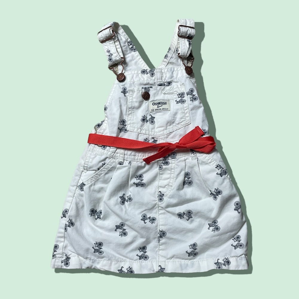 Toddler OshKosh B’Gosh Bicycle Print Overall Dress With Ribbon Detail Size 3T